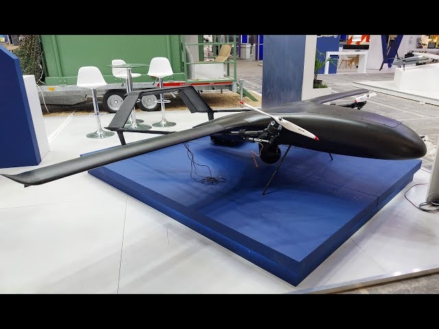 AETHER UAV on a blue exhibition plinth