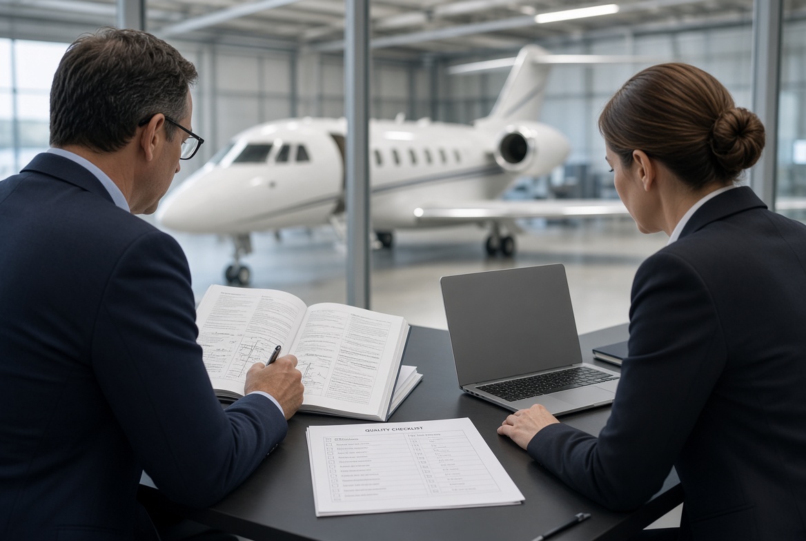 Consultants reviewing an aircraft manual and quality checklist