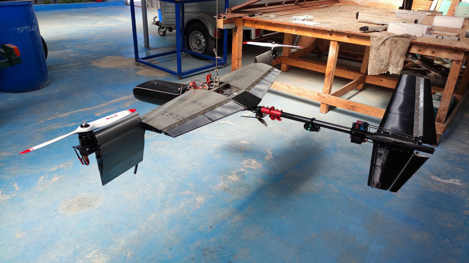 GRYPAS tail boom and wing in the workshop