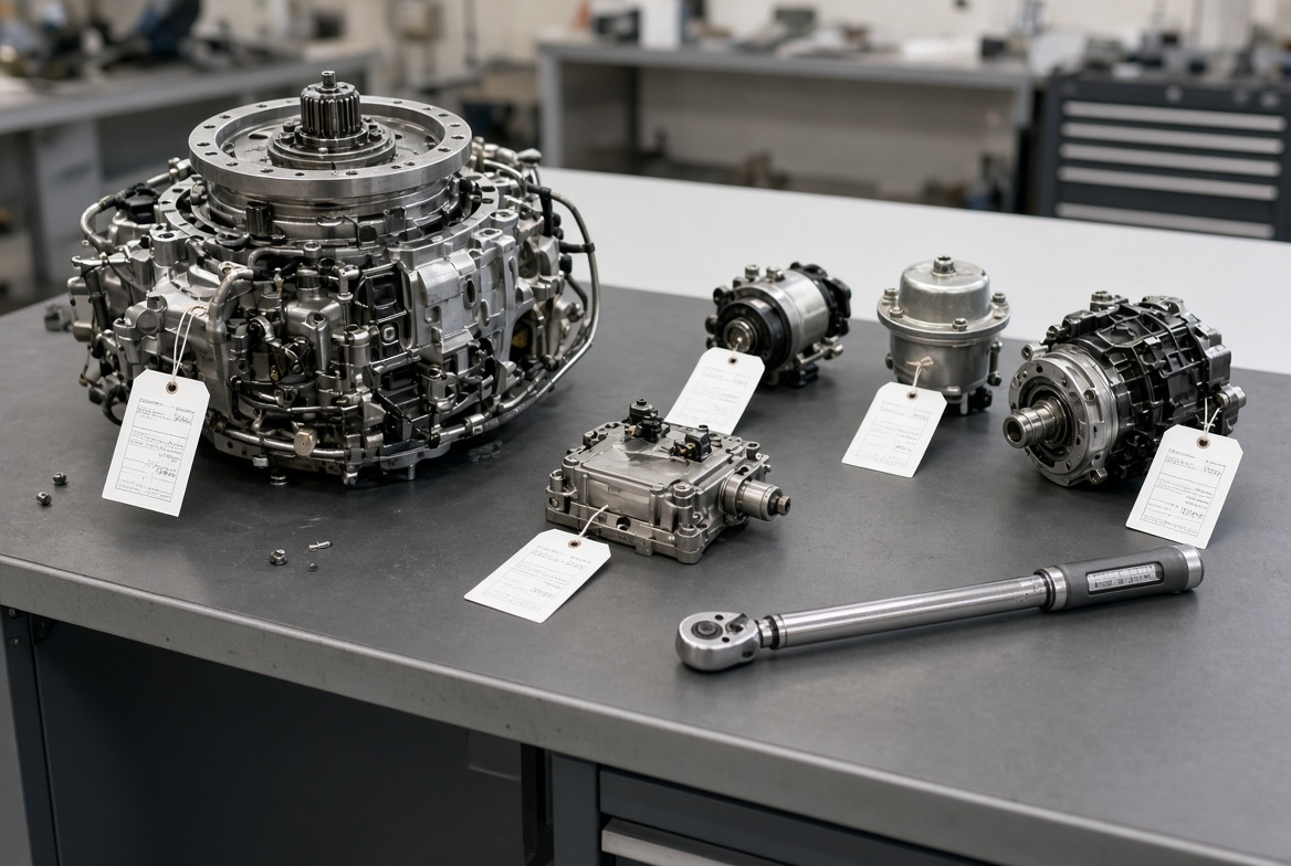 Tagged aircraft and helicopter components on an inspection bench