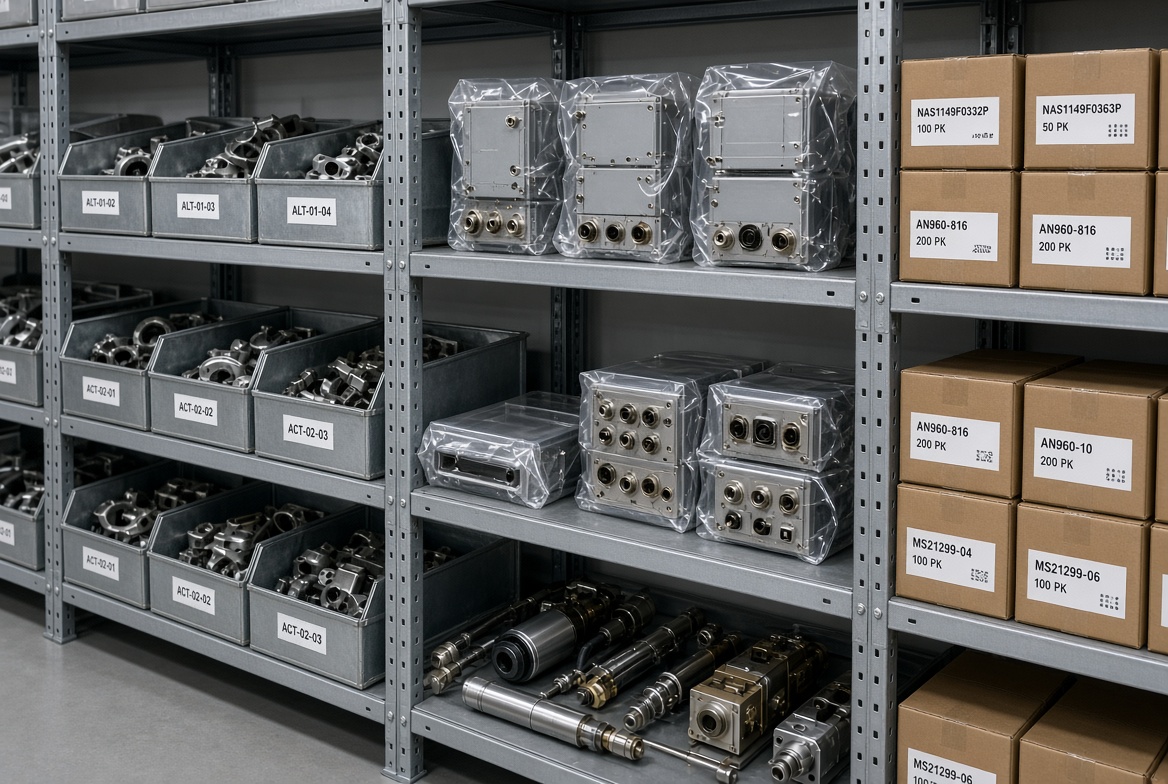 Aircraft components and boxed spare parts on stores shelves